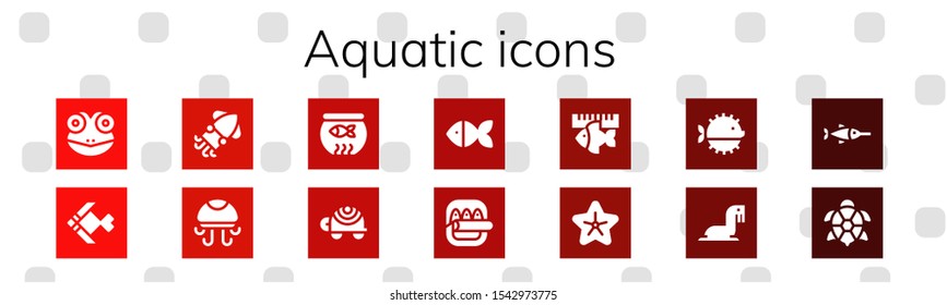 Modern Simple Set of aquatic Vector filled Icons. Contains such as Frog, Fish, Squid, Jellyfish, Fish bowl, Turtle, Starfish, Puffer fish and more Fully Editable and Pixel Perfect icons.