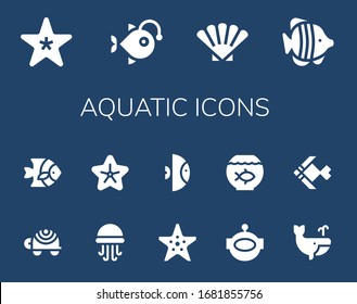 Modern Simple Set of aquatic Vector filled Icons. Contains such as Starfish, Anglerfish, Shell, Fish, Turtle, Jellyfish, Aqualung and more Fully Editable and Pixel Perfect icons.