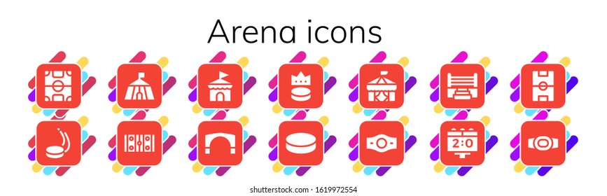 Modern Simple Set of arena Vector filled Icons. Contains such as Football field, Puck, Circus, Hockey pitch, Stari most, Champion belt and more Fully Editable and Pixel Perfect icons.