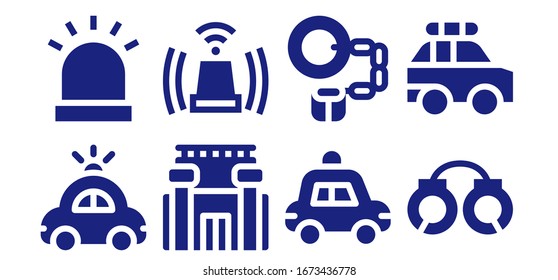 Modern Simple Set of arrest Vector filled Icons. Contains such as Police car, Siren, Prison, Handcuffs and more Fully Editable and Pixel Perfect icons.