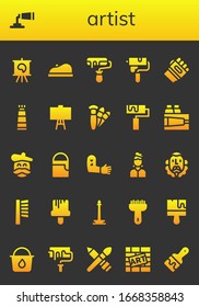 Modern Simple Set of artist Vector filled Icons. Contains such as Canvas, Paint tube, Beret, Roller, Paint roller, Karate, Brushes and more Fully Editable and Pixel Perfect icons.