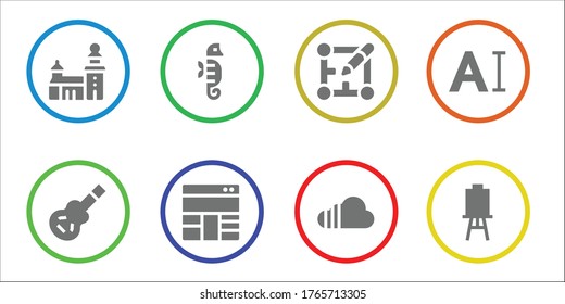 Modern Simple Set of artwork Vector filled Icons. Contains such as Stockholm, Electric guitar, Seahorse, Layout, Soundcloud, Typography and more Fully Editable and Pixel Perfect icons.