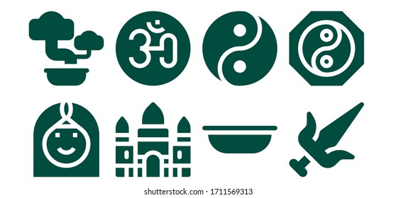 Modern Simple Set of asian Vector filled Icons. Contains such as Arab woman, Bonsai, Angkor wat, Om, Bowl, Yin yang, Martial arts and more Fully Editable and Pixel Perfect icons.
