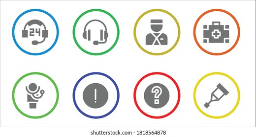 Moderno y simple conjunto de asistencia Vector rellenó Iconos. Contiene como Soporte, Doctor, Consejos, Bellboy, Ayuda, Kit Médico, Crutch y más íconos Completamente Editables y Pixel Perfect.