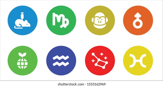 Modern Simple Set of astrology Vector filled Icons. Contains such as Rat, Planet, Virgo, Aquarius, Monkey, Constellation, Mars and more Fully Editable and Pixel Perfect icons.