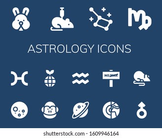 Modern Simple Set of astrology Vector filled Icons. Contains such as Rabbit, Rat, Constellation, Virgo, Full moon, Pisces, Monkey and more Fully Editable and Pixel Perfect icons.