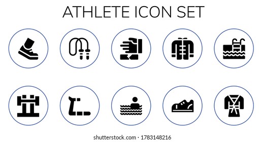 Modern Simple Set of athlete Vector filled Icons. Contains such as Running, Barbell, Jumping rope, Treadmill, Martial arts, Swimming pool and more Fully Editable and Pixel Perfect icons.