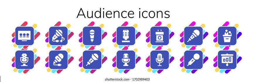 Modern Simple Set of audience Vector filled Icons. Contains such as Presentation, Microphone, Sing, Tribune and more Fully Editable and Pixel Perfect icons.