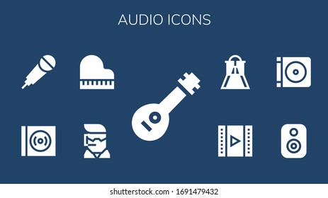Modern Simple Set of audio Vector filled Icons. Contains such as Mandolin, Call center, Piano, Vinyl, Karaoke, Speaker, Dvd, Video and more Fully Editable and Pixel Perfect icons.