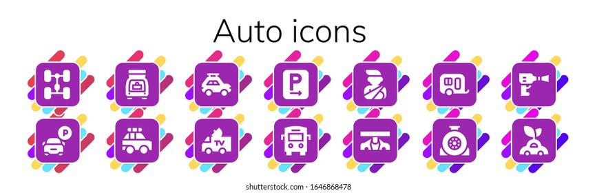 Conjunto simple moderno de iconos llenos de vectores automáticos. Contiene como Chasis, Estacionamiento, Tronco, camión de Policía, Camión, Van, Bus, Accident, Caravan y más íconos Totalmente Editables y Pixel Perfect.