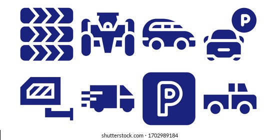 Modern Simple Set of automobile Vector filled Icons. Contains such as Rearview mirror, Tires, Delivery truck, Race car, Parking and more Fully Editable and Pixel Perfect icons.