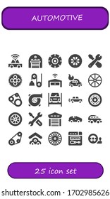 Modern Simple Set of automotive Vector filled Icons. Contains such as Car, Garage, Wheel, Repair, Pulley, Timing belt, Turbo, Repairing and more Fully Editable and Pixel Perfect icons.