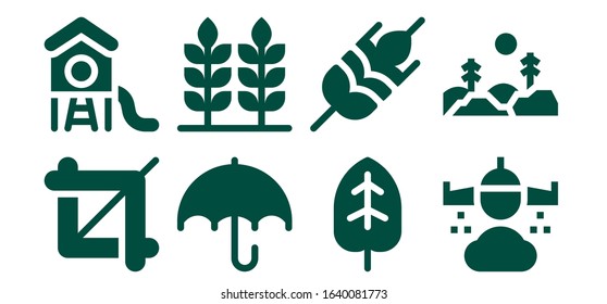 Modern Simple Set of autumn Vector filled Icons. Contains such as Crop, Park, Umbrella, Wheat, Leaf, Rain, Forest and more Fully Editable and Pixel Perfect icons.
