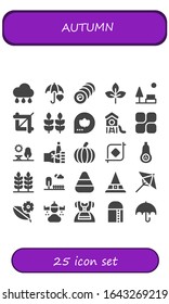 Modern Simple Set of autumn Vector filled Icons. Contains such as Rain, Umbrella, Bale, Leaf, Park, Crop, Wheat, Fall, Mozy, Oktoberfest and more Fully Editable and Pixel Perfect icons.