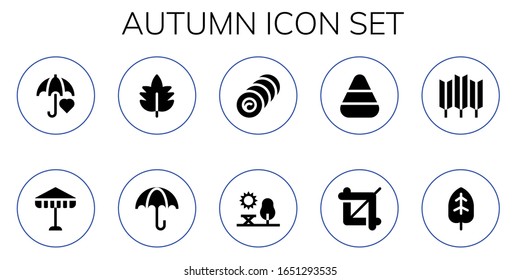 Moderno y simple conjunto de iconos llenos de vectores de otoño. Contiene como Paraguas, Leaf, Bale, Park, Candy corn, Crop, Trigo y más íconos totalmente editables y Pixel Perfect.