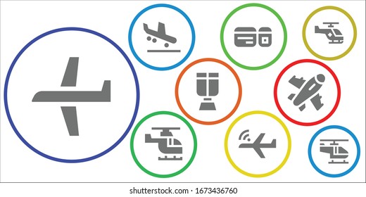 Modern Simple Set of aviation Vector filled Icons. Contains such as Plane, Arrival, Plane ticket, Helicopter, Aeroplane, Oxygen mask and more Fully Editable and Pixel Perfect icons.