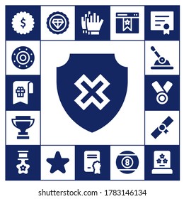 Modern Simple Set of award Vector filled Icons. Contains such as Badge, Shield, Bookmark, Trophy, Control, Medal, Diploma, Star and more Fully Editable and Pixel Perfect icons.