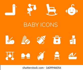 Modern Simple Set of baby Vector filled Icons. Contains such as Duck, Stork, Rocking chair, Baby boy, Crib toy, Seat, Mitten, Toys and more Fully Editable and Pixel Perfect icons.