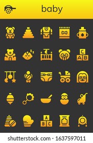 Modern Simple Set of baby Vector filled Icons. Contains such as Teddy bear, Carriage, Toy, Tunic, Feed, Feeder, Baby boy, Cradle and more Fully Editable and Pixel Perfect icons.