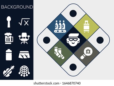 Modern Simple Set of background Vector filled Icons. Contains such as Avatar, Violin, Net, Bottle, Windshield, Beer, Desk chair and more Fully Editable and Pixel Perfect icons.