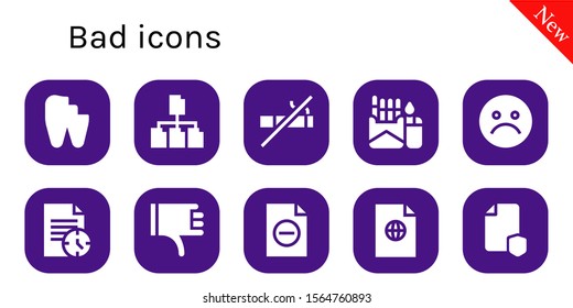 Modern Simple Set of bad Vector filled Icons. Contains such as Broken tooth, File, No smoking, Cigarette, Unhappy, Thumbs down and more Fully Editable and Pixel Perfect icons.
