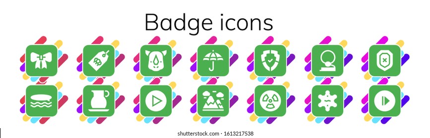 Modern Simple Set of badge Vector filled Icons. Contains such as Ribbon, Surf, Tag, Jug, Rhino, Play, Protection, Mountains, Shield and more Fully Editable and Pixel Perfect icons.