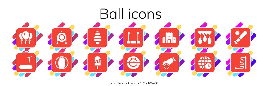 Modern Simple Set of ball Vector filled Icons. Contains such as Balloons, Treadmill, Toy, Beach ball, Ice cream, Trapeze, Hamster ball and more Fully Editable and Pixel Perfect icons.