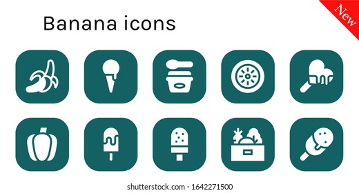 Moderno y simple conjunto de íconos rellenos con vectores de banana. Contiene como Banana, Helado, Kiwi, Paprika, Verduras y más íconos totalmente editables y Pixel Perfect.