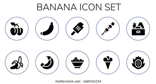 Modern Simple Set of banana Vector filled Icons. Contains such as Plum, Banana, Ice cream, Fruit bowl, Vegetables, Dragon fruit and more Fully Editable and Pixel Perfect icons.