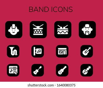 Modern Simple Set of band Vector filled Icons. Contains such as Punk, Trombone, Music store, Drum, Acoustic guitar, Guitar, Veena and more Fully Editable and Pixel Perfect icons.