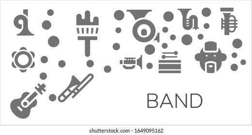 Modern Simple Set of band Vector filled Icons. Contains such as French horn, Painting brush, Tambourine, Jazz, Guitar, Drum, Trombone and more Fully Editable and Pixel Perfect icons.