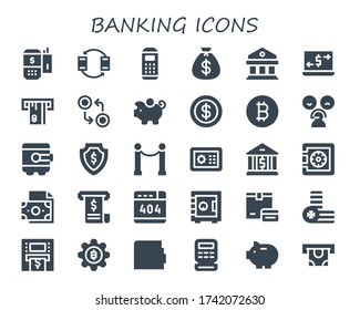 Modern Simple Set of banking Vector filled Icons. Contains such as Payment terminal, Transfer, Money bag, Courthouse, Money transfer and more Fully Editable and Pixel Perfect icons.