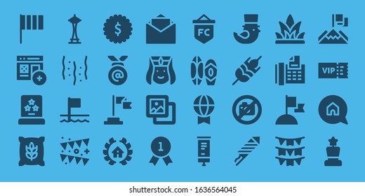 Modern Simple Set of banner Vector filled Icons. Contains such as Flag, Add, Award, Wheat, Space needle, Confetti, Flags, Garland and more Fully Editable and Pixel Perfect icons.