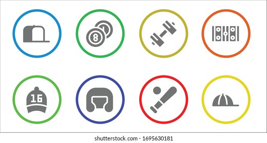 Modern Simple Set of baseball Vector filled Icons. Contains such as Cap, Billiards, Boxing helmet, Sport, Baseball, Hockey pitch and more Fully Editable and Pixel Perfect icons.