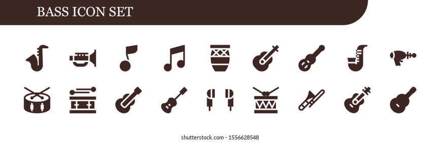 Modern Simple Set of bass Vector filled Icons. Contains such as Saxophone, Jazz, Musical note, Music, Conga, Guitar, Blaster, Drum and more Fully Editable and Pixel Perfect icons.