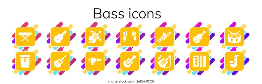 Modern Simple Set of bass Vector filled Icons. Contains such as Electric piano, Conga, Guitar, Cello, Blaster, Earphones, Trombone and more Fully Editable and Pixel Perfect icons.