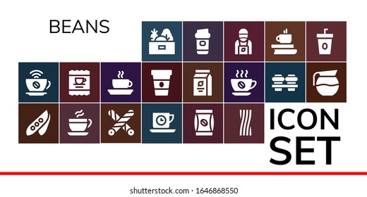 Modern Simple Set of beans Vector filled Icons. Contains such as Vegetables, Coffee, Pea, Liquorice, Tea time, Coffee bag, Beans and more Fully Editable and Pixel Perfect icons.