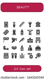 Modern Simple Set of beauty Vector filled Icons. Contains such as Bath, Dress, Comb, Makeup, Skin, Soap, Shampoo, Bathrobe, Fashion and more Fully Editable and Pixel Perfect icons.