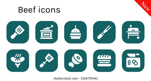 Modern Simple Set of beef Vector filled Icons. Contains such as Spatula, Grinder, Burger, Meat, Grill, Sausage, Hamburger, Chop and more Fully Editable and Pixel Perfect icons.