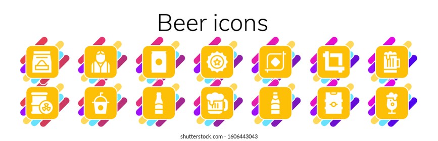 Modern Simple Set of beer Vector filled Icons. Contains such as Food, Barrel, Bartender, Soda, Beer, Beer cap, Crop and more Fully Editable and Pixel Perfect icons.