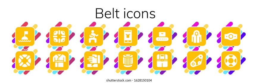 Modern Simple Set of belt Vector filled Icons. Contains such as Buoy, Lifesaver, Robe, Martial arts, Fashion, Pulley, Conveyor and more Fully Editable and Pixel Perfect icons.