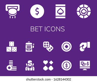 Modern Simple Set of bet Vector filled Icons. Contains such as Slot machine, Coin, Online gambling, Casino, Coins, Dice, Croupier and more Fully Editable and Pixel Perfect icons.