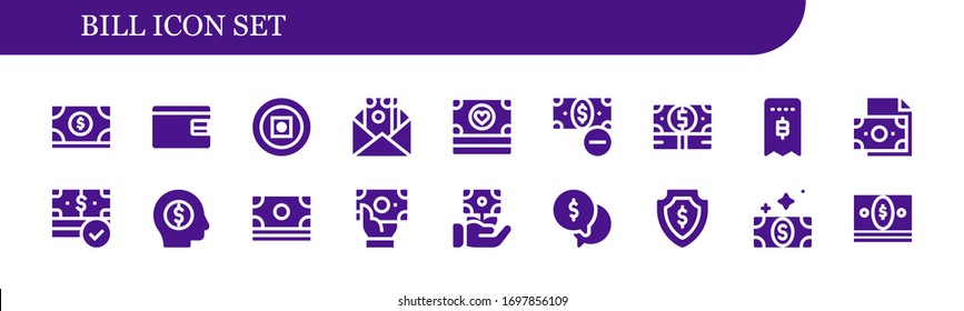 Modern Simple Set of bill Vector filled Icons. Contains such as Money, Billfold, Invoice, Bill and more Fully Editable and Pixel Perfect icons.