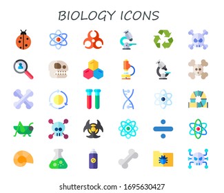 Moderne, einfache Sammlung von Biologie Vektorillustration flache Symbole. Enthält z. B. Ladybird, Atom, Biogefährdung, Mikroskop, Recycling-Zeichen, Virus, Forschung und mehr vollständig bearbeitbare und Pixel perfekte Symbole.
