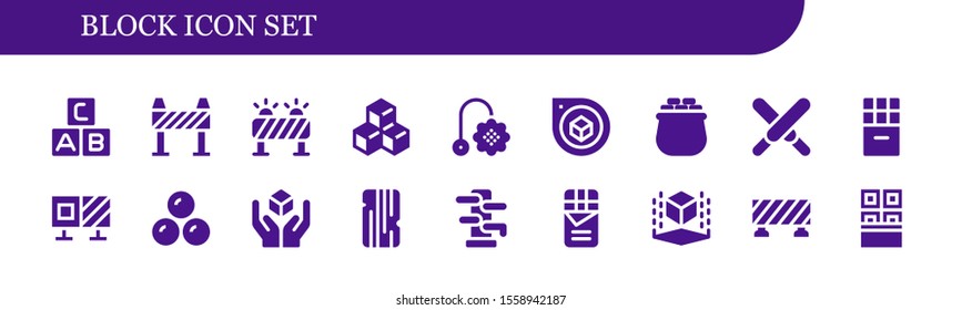 Modern Simple Set of block Vector filled Icons. Contains such as Abc, Barrier, Cube, Toy, Perspective, Gold, Chocolate, Roadblock and more Fully Editable and Pixel Perfect icons.