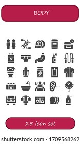 Modern Simple Set of body Vector filled Icons. Contains such as Toilet, Dna, Tomography, Powder, Anti age, Vitamins, Underwear and more Fully Editable and Pixel Perfect icons.