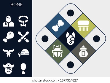 Modern Simple Set of bone Vector filled Icons. Contains such as Dog, Pirate, Fried chicken, Skull, Pirate scarf, Chicken leg, Drumsticks and more Fully Editable and Pixel Perfect icons.