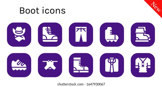 Modern Simple Set of boot Vector filled Icons. Contains such as Cowboy, Boots, Trousers, Roller skate, Shoe, Clothes and more Fully Editable and Pixel Perfect icons.