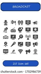 Modern Simple Set of broadcast Vector filled Icons. Contains such as Microphone, Megaphone, Loudspeaker, Television, Radio, Cam and more Fully Editable and Pixel Perfect icons.