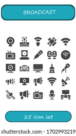 Modern Simple Set of broadcast Vector filled Icons. Contains such as Webcam, Wifi, Wireless, Satellite, Television, Karaoke, Loudspeaker and more Fully Editable and Pixel Perfect icons.